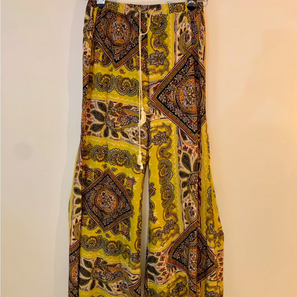 Womens Earthbound Boho Flowy Paisley Mustard Wide Leg Drawstring Pants Medium